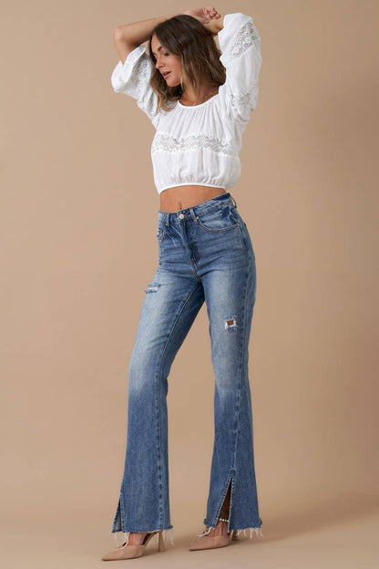High Rise Front Slit Flare Distressed Denim - Southern Sassy Boutique