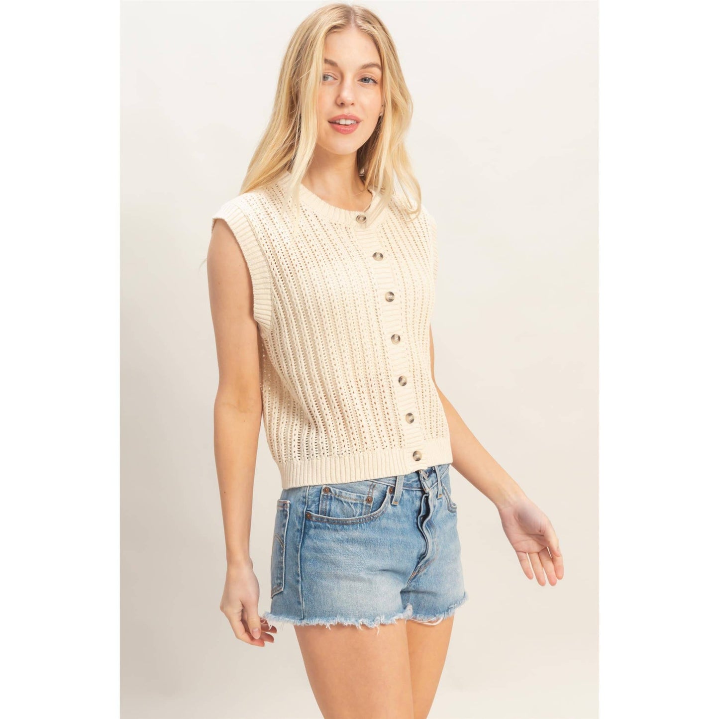 Sleeveless Ribbed Button Sweater