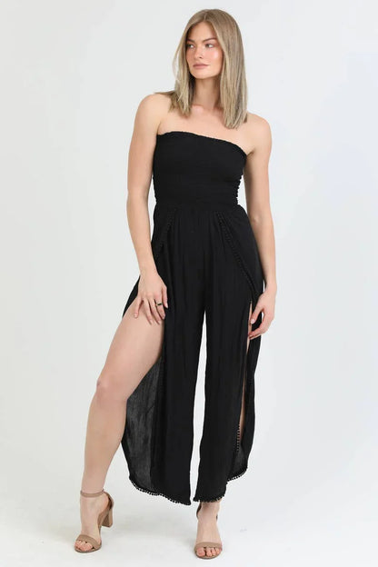 ASIS SMOCKED BODICE STRAPLESS WRAP LEG JUMPSUIT - Southern Sassy Boutique