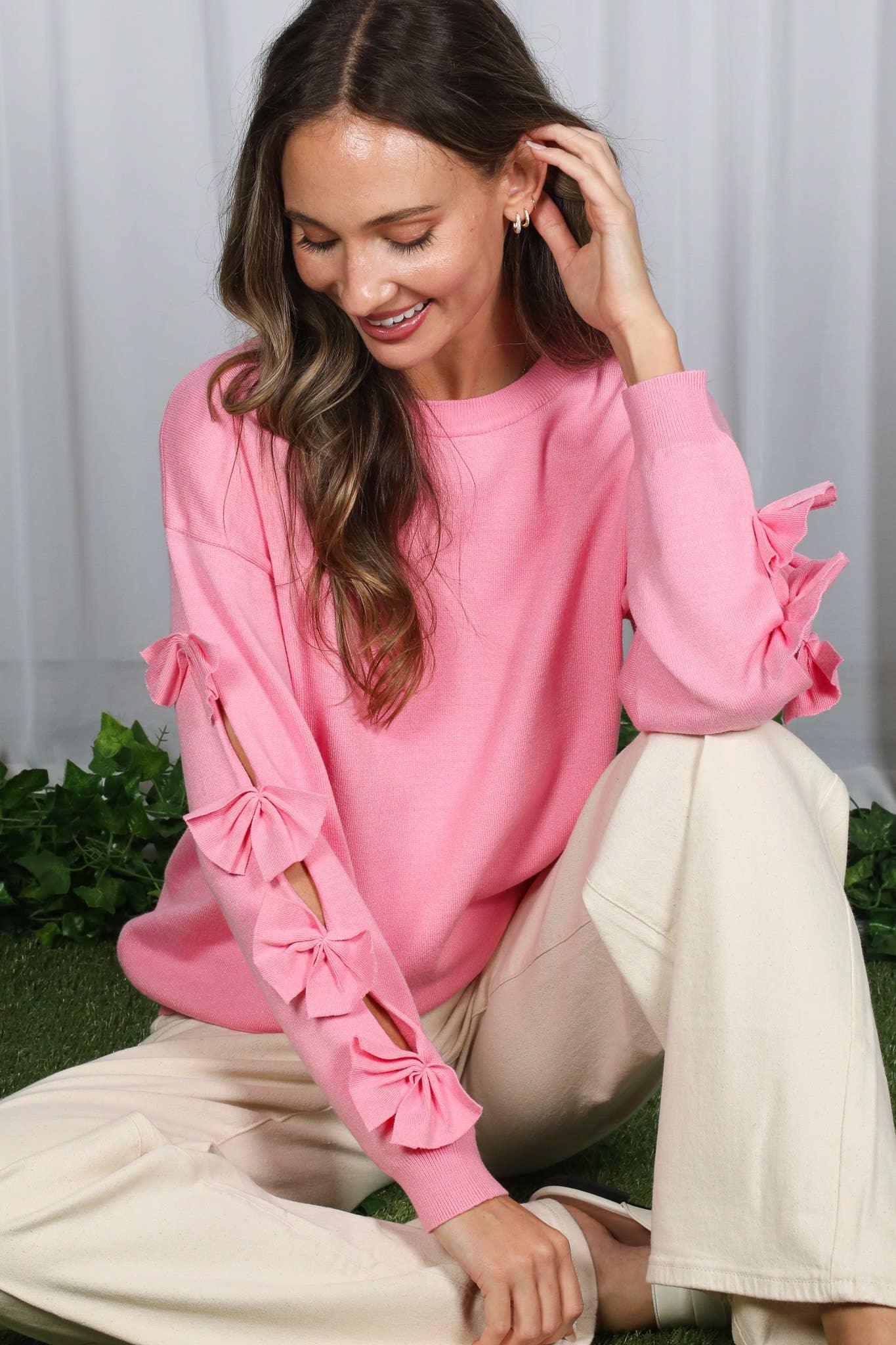 Bow Embellished Long-Sleeve Crew Neck Knit Sweater VT82605- - Southern Sassy Boutique
