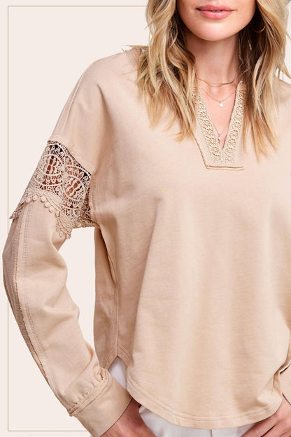 Embroidered Crochet V-neck Long Sleeve Top - Southern Sassy Boutique
