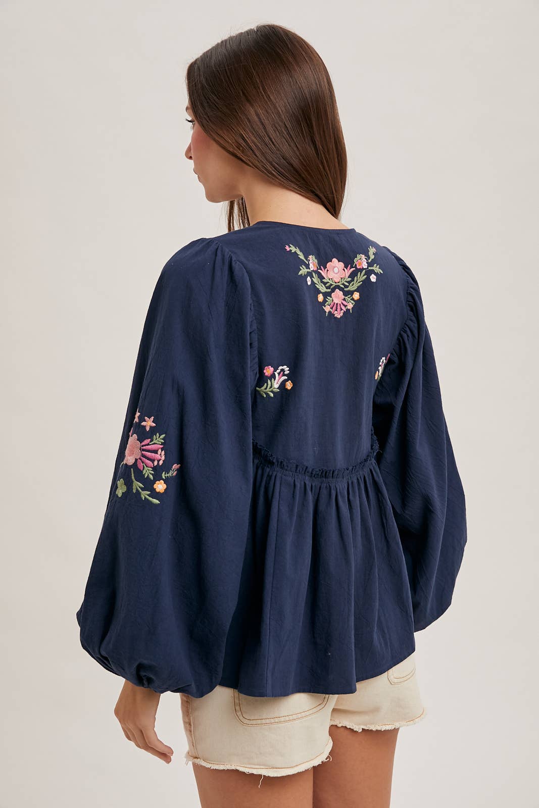 FLORAL EMBROIDERY BUBBLE SLEEVED BABYDOLL TOP