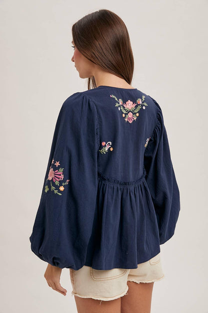 FLORAL EMBROIDERY BUBBLE SLEEVED BABYDOLL TOP - Southern Sassy Boutique
