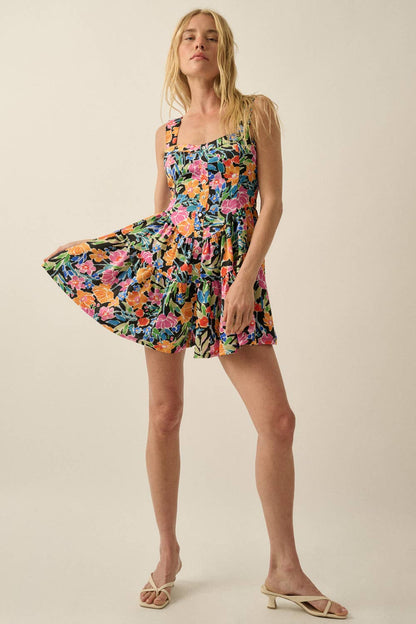 Floral Satin Sleeveless Sweetheart Tiered Ruffle Romper