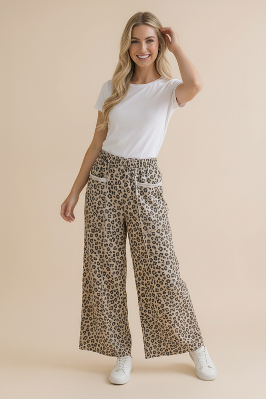 Plus Leopard French Terry Wide Leg Pocket Pants