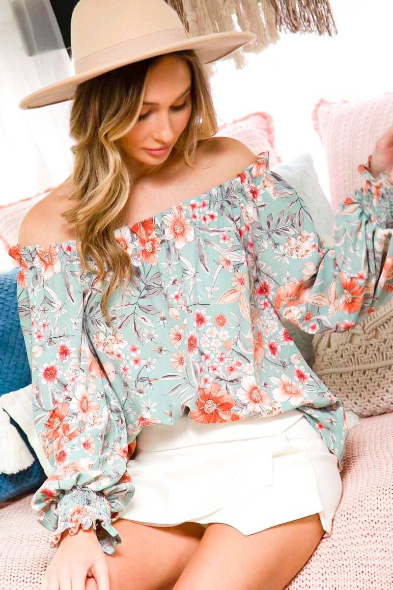 Off The Shoulder Floral Boho Ruffle Sleeve Blouse - Southern Sassy Boutique