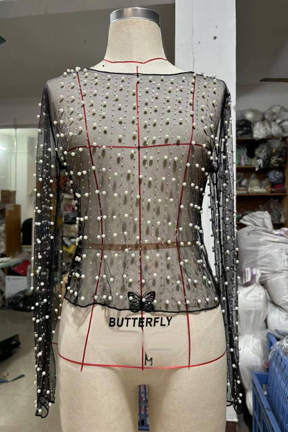 Shining pearl embellished see through sheer mesh tee top - Southern Sassy Boutique