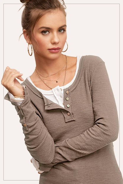 Ribbed Henley Neck Stitched Fitted Long Sleeve Top - Southern Sassy Boutique