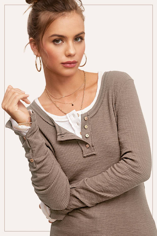 Ribbed Henley Neck Stitched Fitted Long Sleeve Top