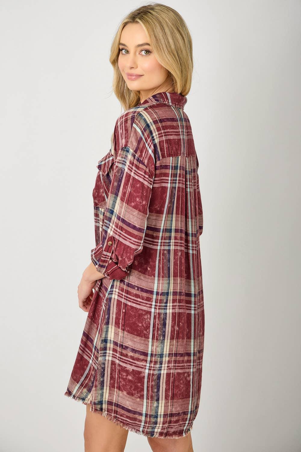 Washed Plaid Shirt Dress - Southern Sassy Boutique