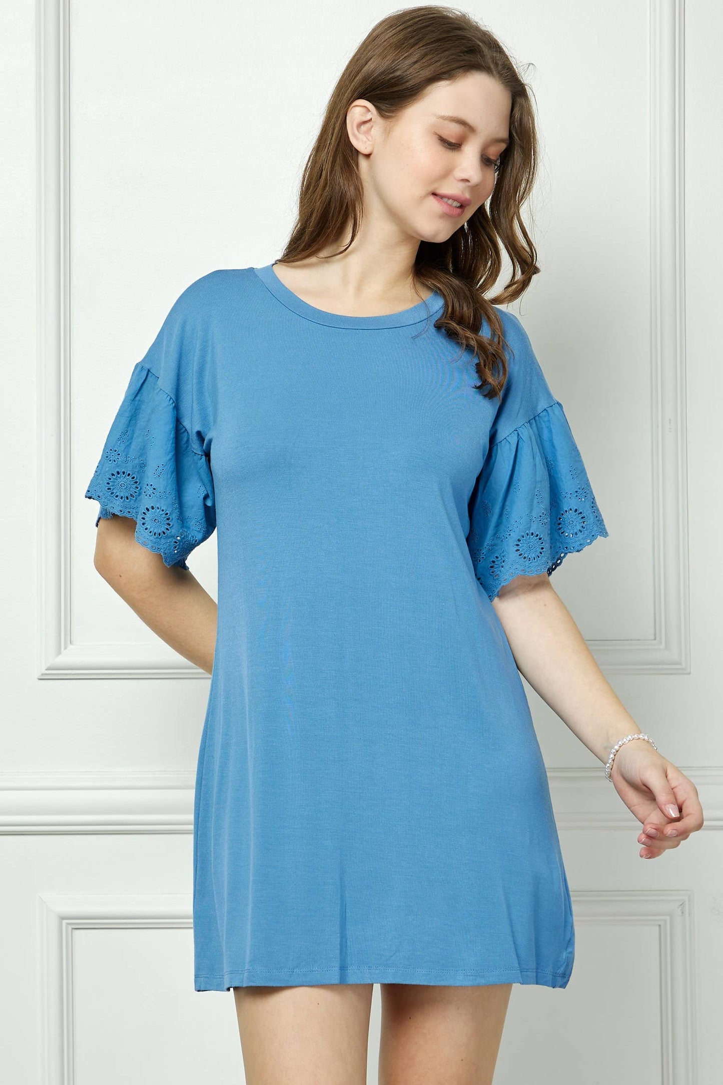 Eyelet Ruffle Sleeve Mini Dress