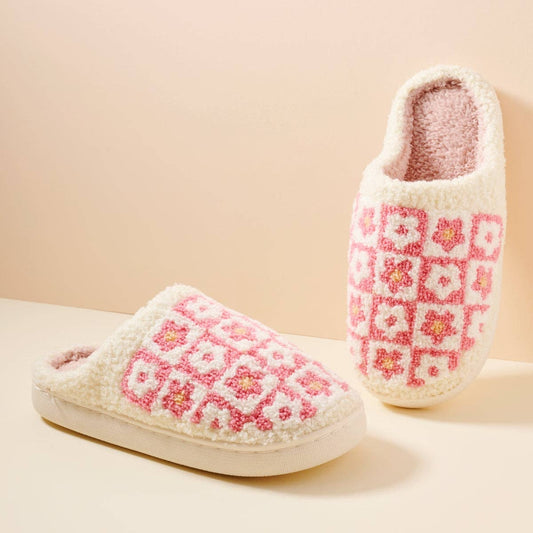 Flower Checker Fuzzy Fleece Soft Slipper