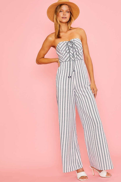 Strapless Front Cross Tie Stripe Jumpsuit