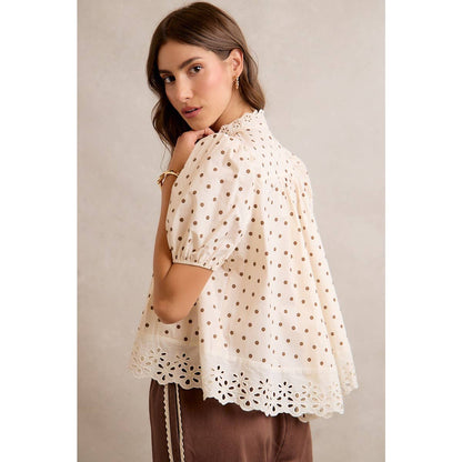 Polka Dot Cotton Lace Trim Blouse