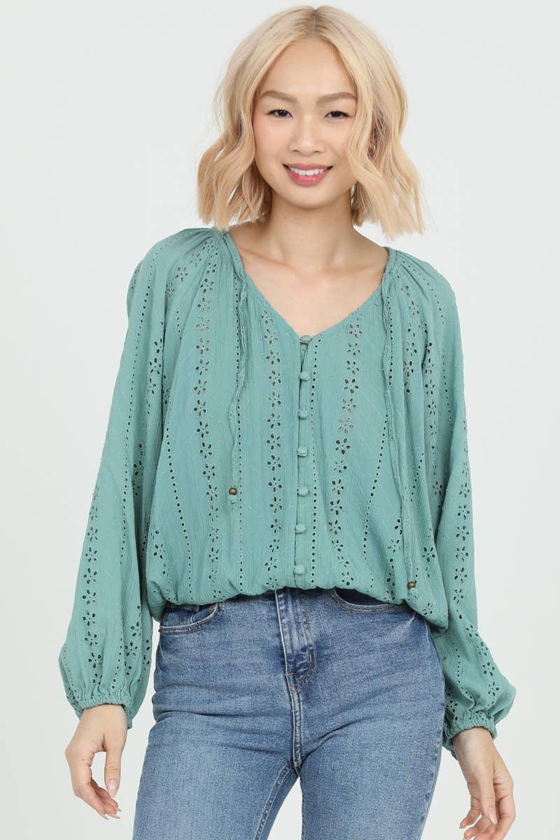 EYELET EMBROIDERED BUTTON FRONT BLOUSE