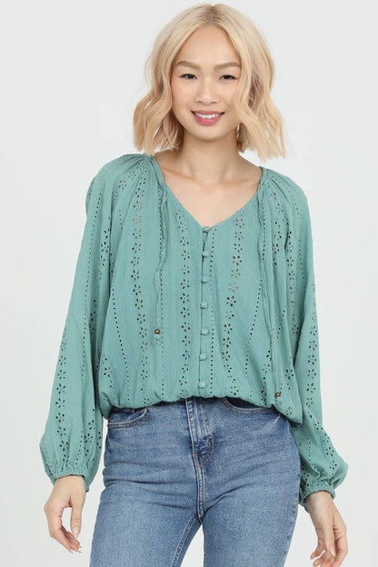 EYELET EMBROIDERED BUTTON FRONT BLOUSE