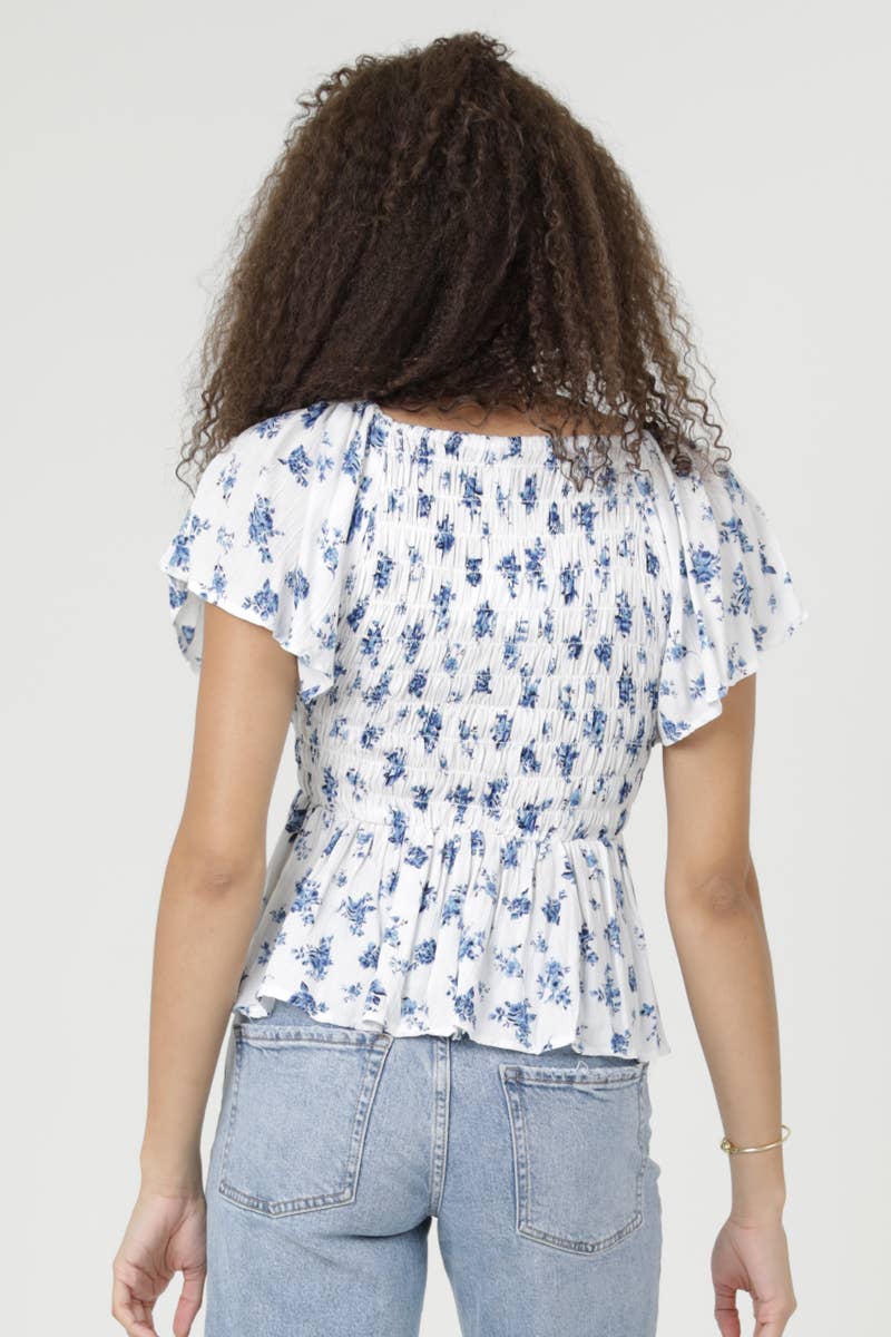 V Neck Smocked Bust Floral Print Top