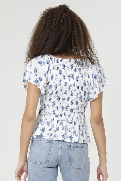 V Neck Smocked Bust Floral Print Top