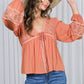 Eyelet Lace Tie Front V-Neck Long Puff Blouse Top