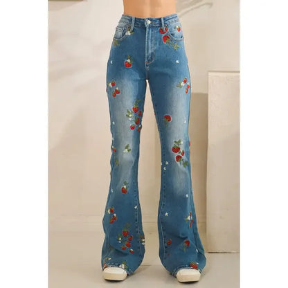 Washed Strawberry Embroidered Denim Pants - Southern Sassy Boutique