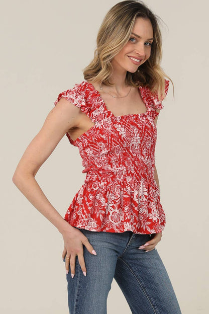 Smoked Bodice Flutter Print Top