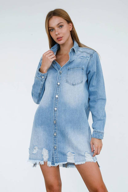 Ripped Raw Trim Denim Shirt Dress - Southern Sassy Boutique