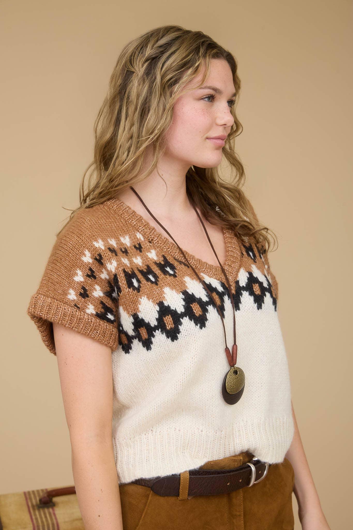 FAIR ISLE V NECK SHORT SLEEVE KNIT SWEATER - Southern Sassy Boutique
