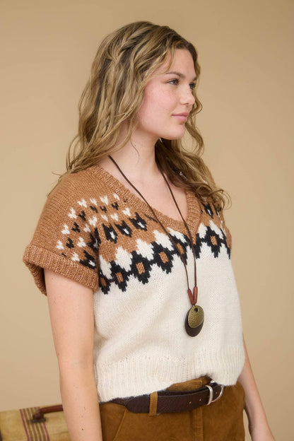 FAIR ISLE V NECK SHORT SLEEVE KNIT SWEATER - Southern Sassy Boutique