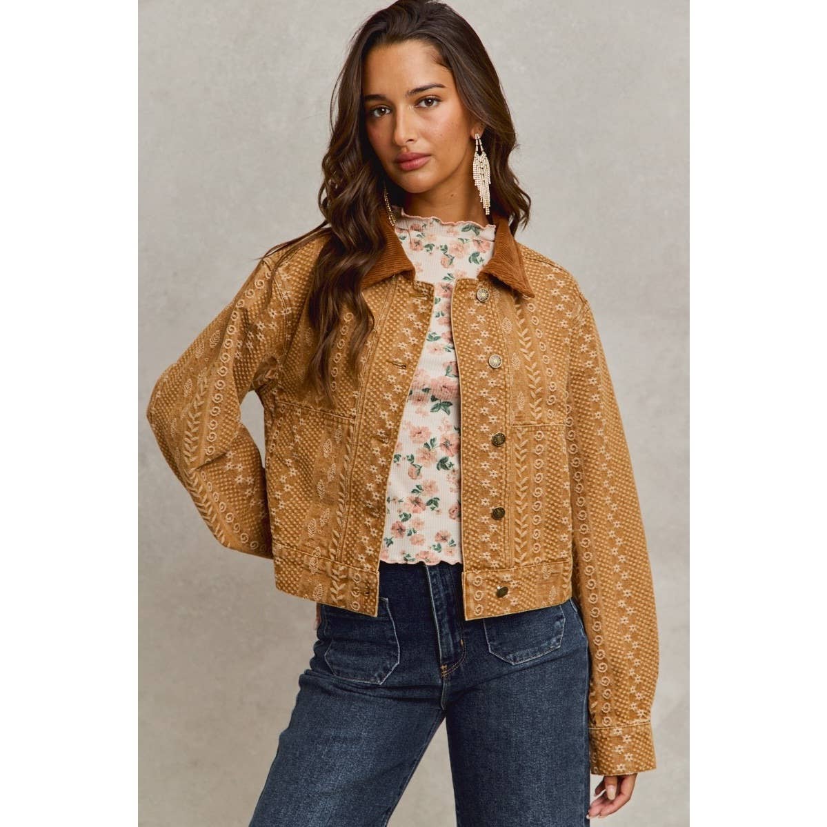 Floral Pattern Twill Corduroy Collar Denim Jacket