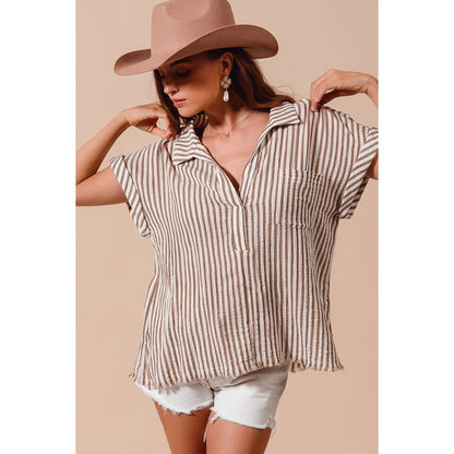 PLACKET DOLMAN STRIPE SHIRT BLOUSE TOP