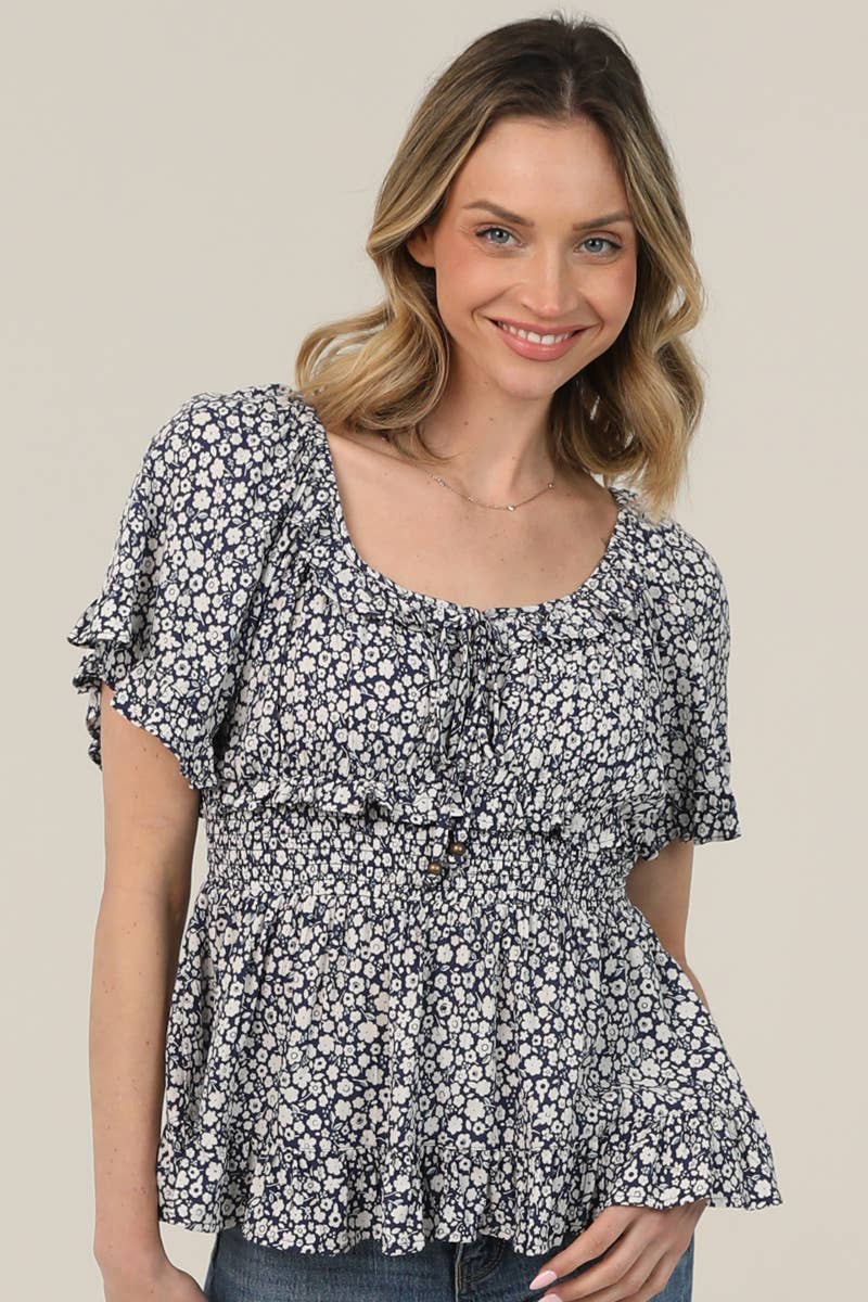 Ditsy Print Short Sleeve Smocked Waist Top