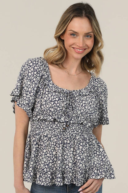Ditsy Print Short Sleeve Smocked Waist Top