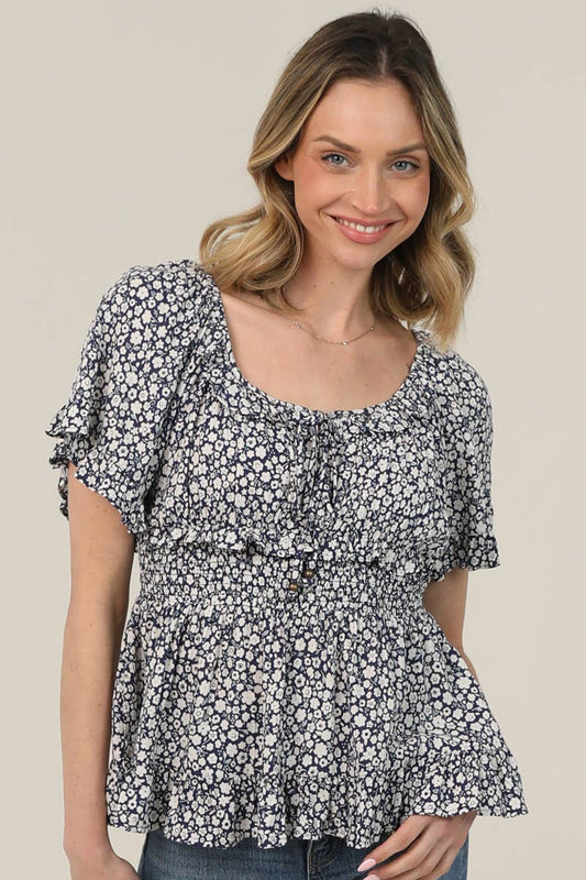 Ditsy Print Short Sleeve Smocked Waist Top