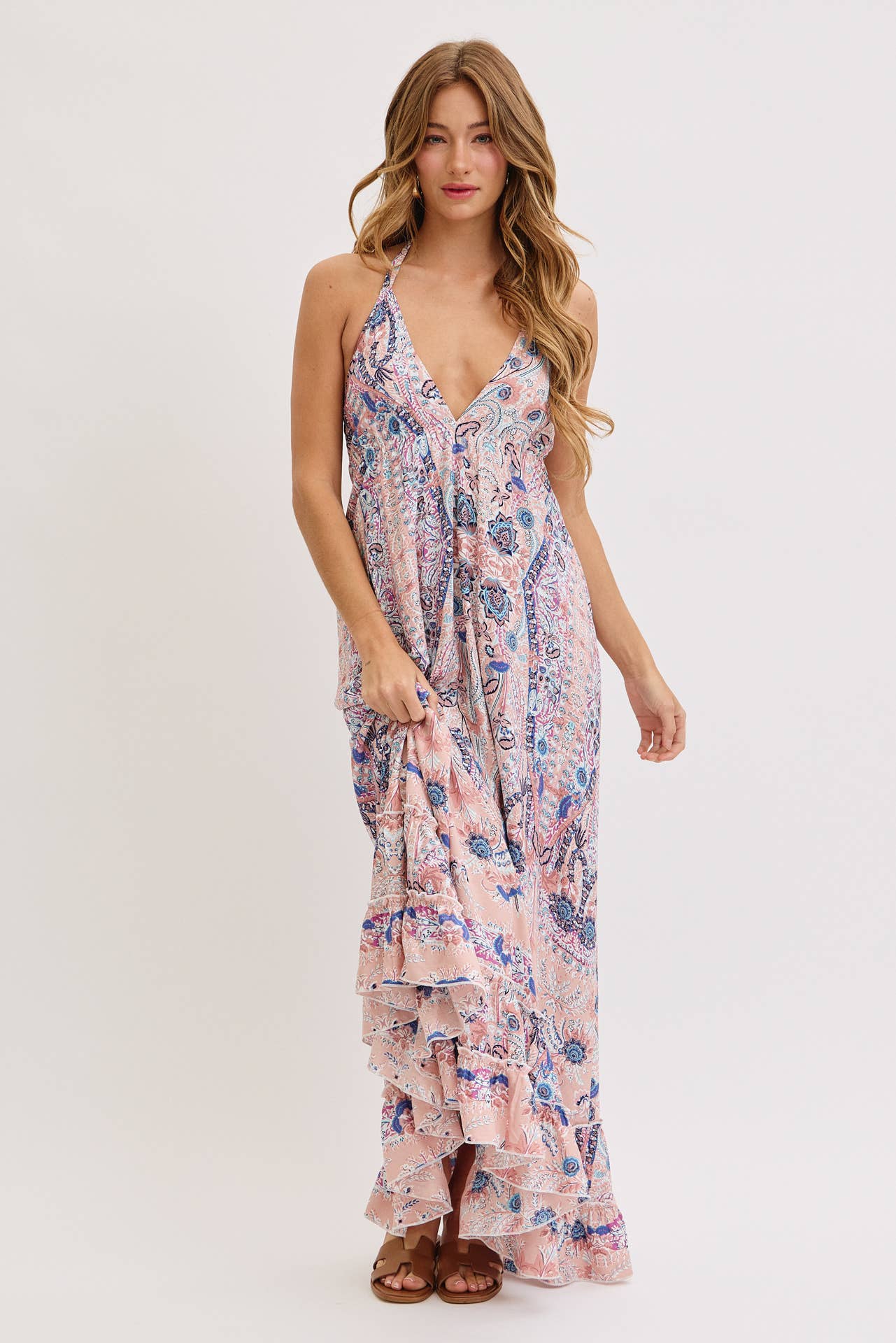 Bohemian Floral Print Halter Maxi Dress