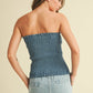 FRONT BOW DETAILED DENIM SMOCKED STRAPLESS TOP