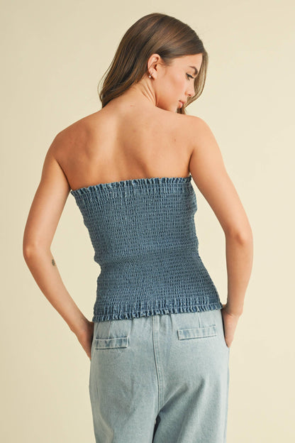 FRONT BOW DETAILED DENIM SMOCKED STRAPLESS TOP - Southern Sassy Boutique