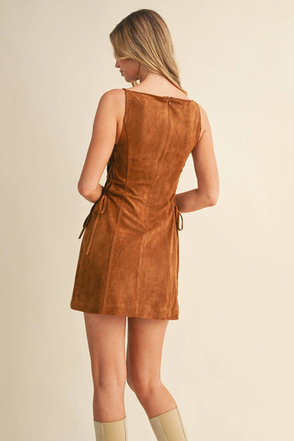 SUEDE SIDE LACE UP SLEEVELESS BOAT NECK MINI DRESS - Southern Sassy Boutique