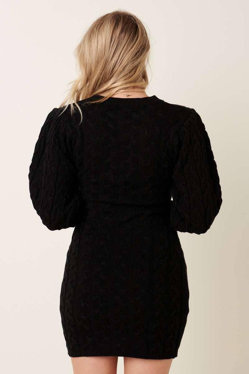 CABLE DETAIL PUFFSLEEVE SWEATER DRESS - Southern Sassy Boutique