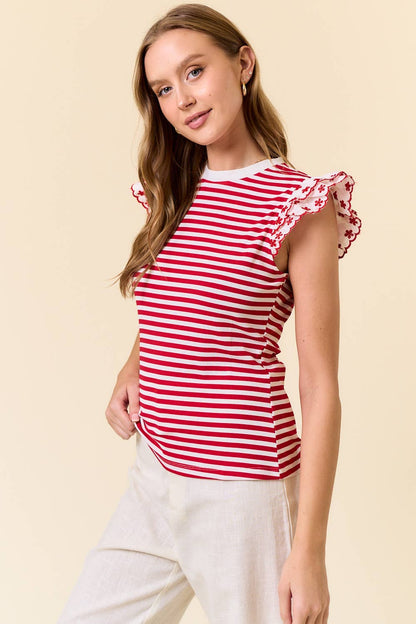 LACE RUFFLE CAP SLEEVE STRIPED RIB TOP - 44895T