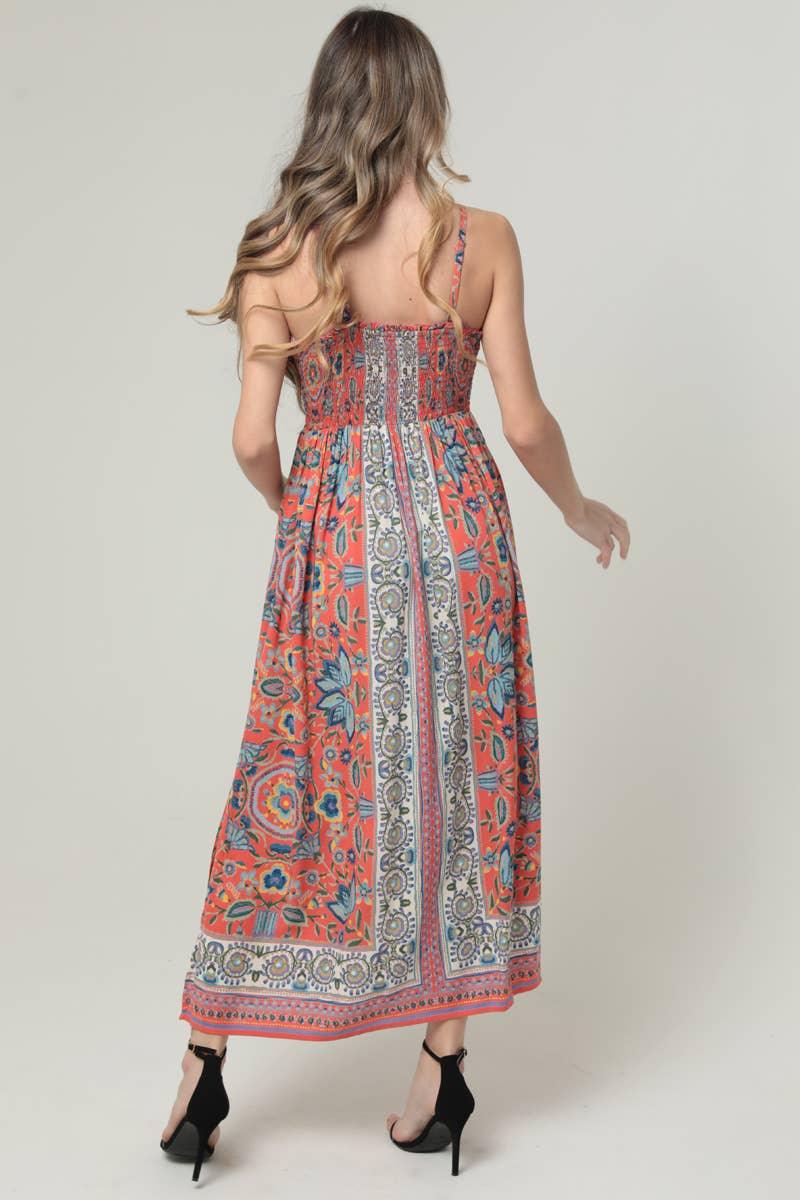 V Neck Smocked Bodice Maxi Dress With Pockets