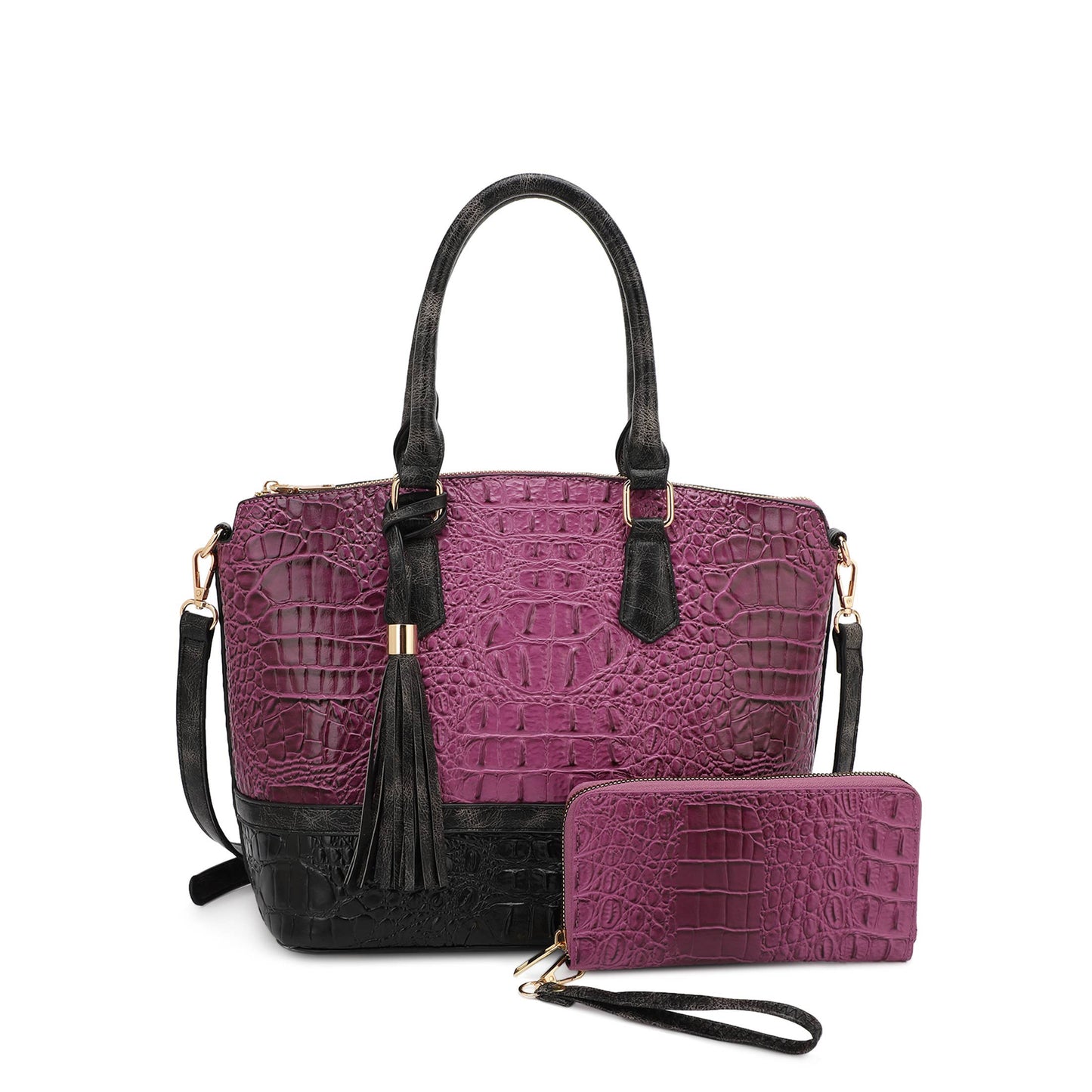 Veronica Croc Embossed Two-Tone Tote w/ Wallet