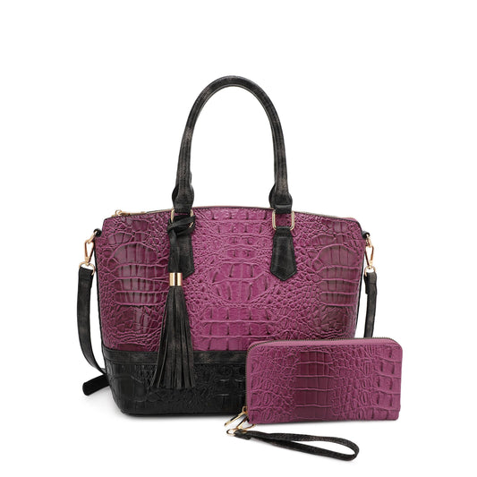 Veronica Croc Embossed Two-Tone Tote w/ Wallet