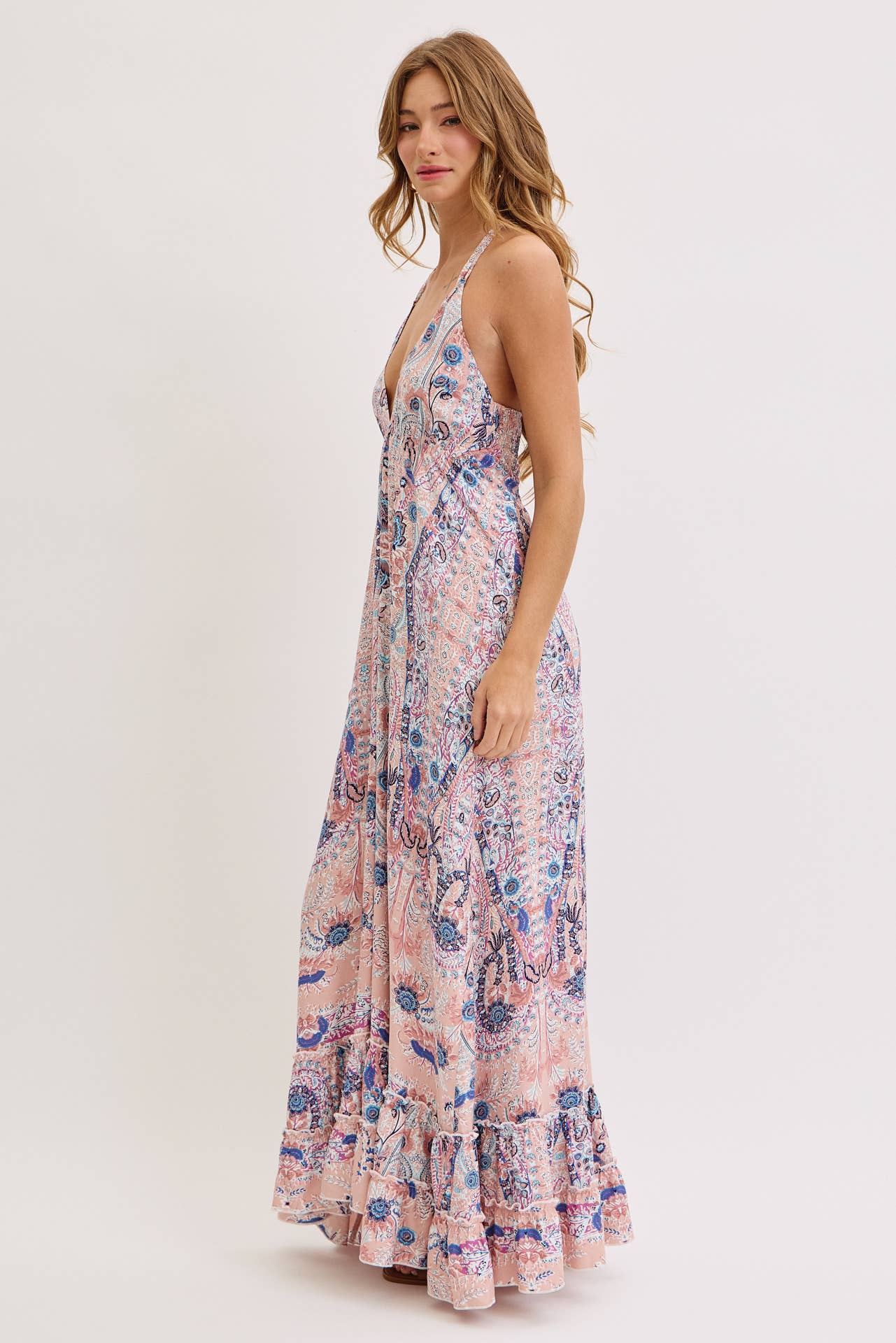 Bohemian Floral Print Halter Maxi Dress
