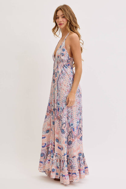 Bohemian Floral Print Halter Maxi Dress