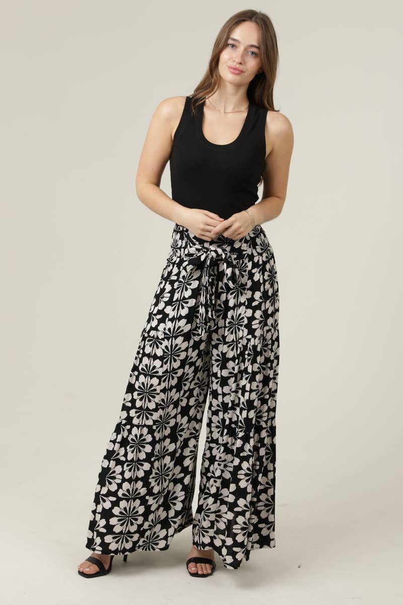 Boho Front Tie Waist Flower Print wide leg Pants