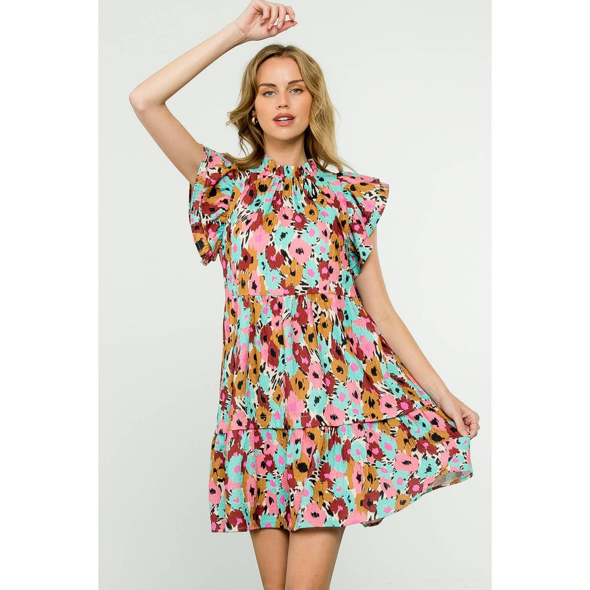 Flutter Sleeve Tiered Print Dress