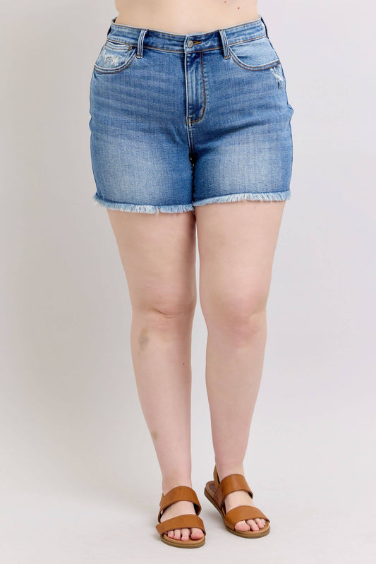 Judy Blue-Vintage Wash Shorts W/Fray Hem - PLUS