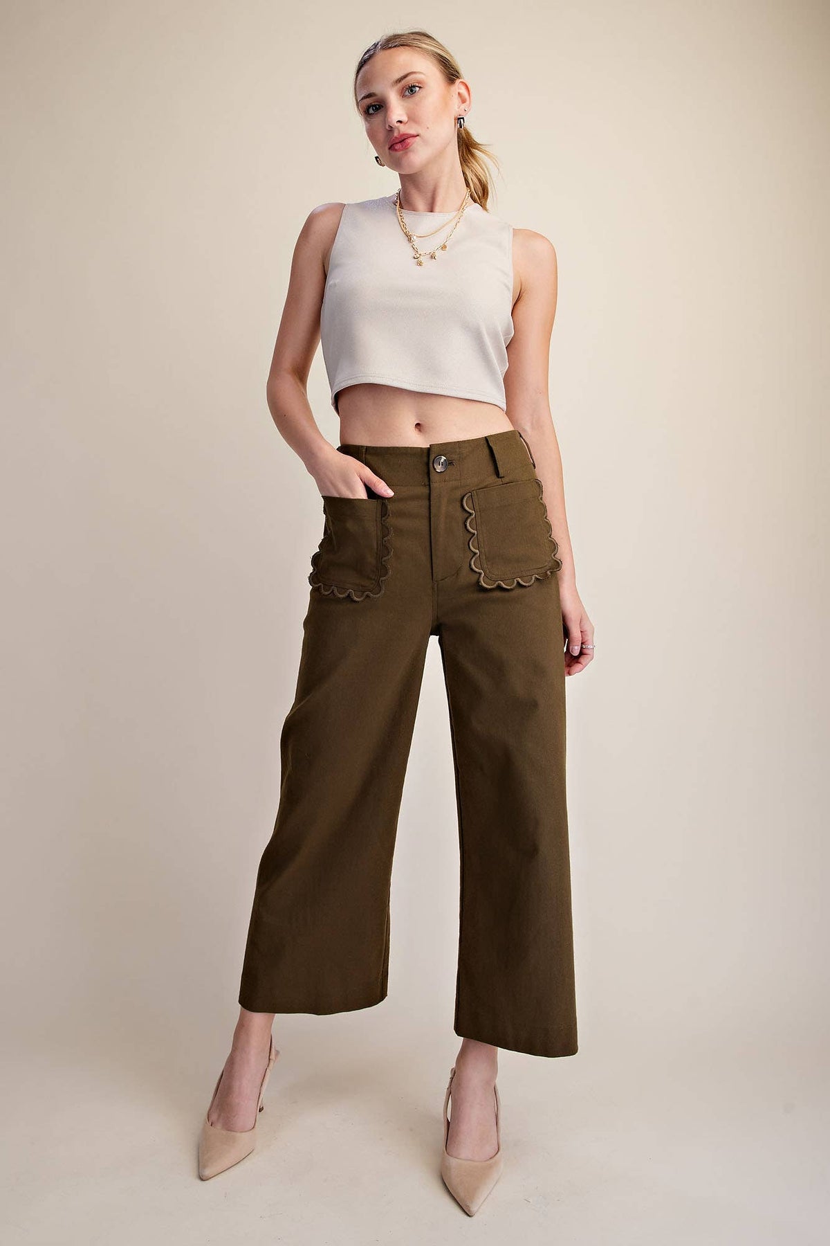 Colette Cropped Scallop Pocket Detail Wide-Leg Pants