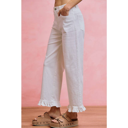 RUFFLED BOTTOM DETAIL MID RISE DENIM JEANS PANTS