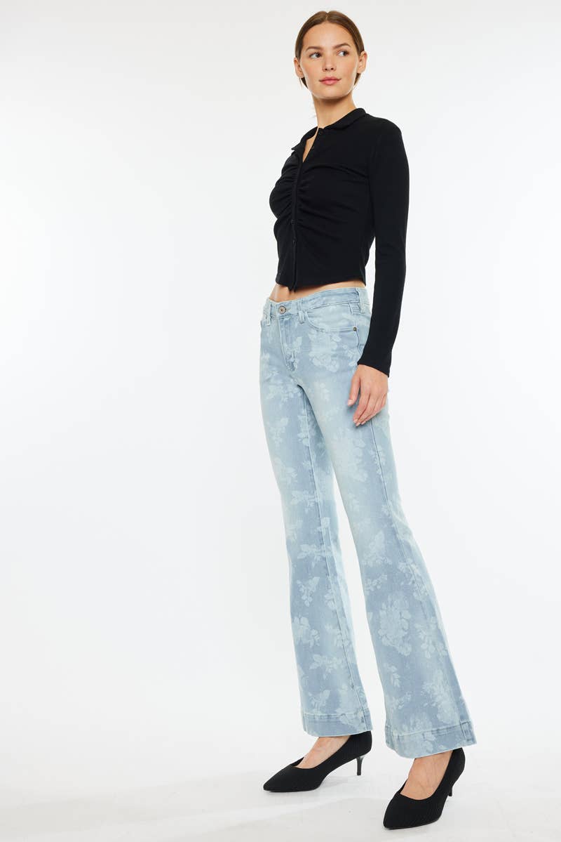 LOW RISE FLORAL PRINTED FLARE JEANS-KC7440L - Southern Sassy Boutique